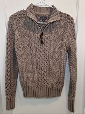 L.L Bean Brown Cotton Cable Knit FishermanMock Neck 1/4 Zip Pullover Sweater S